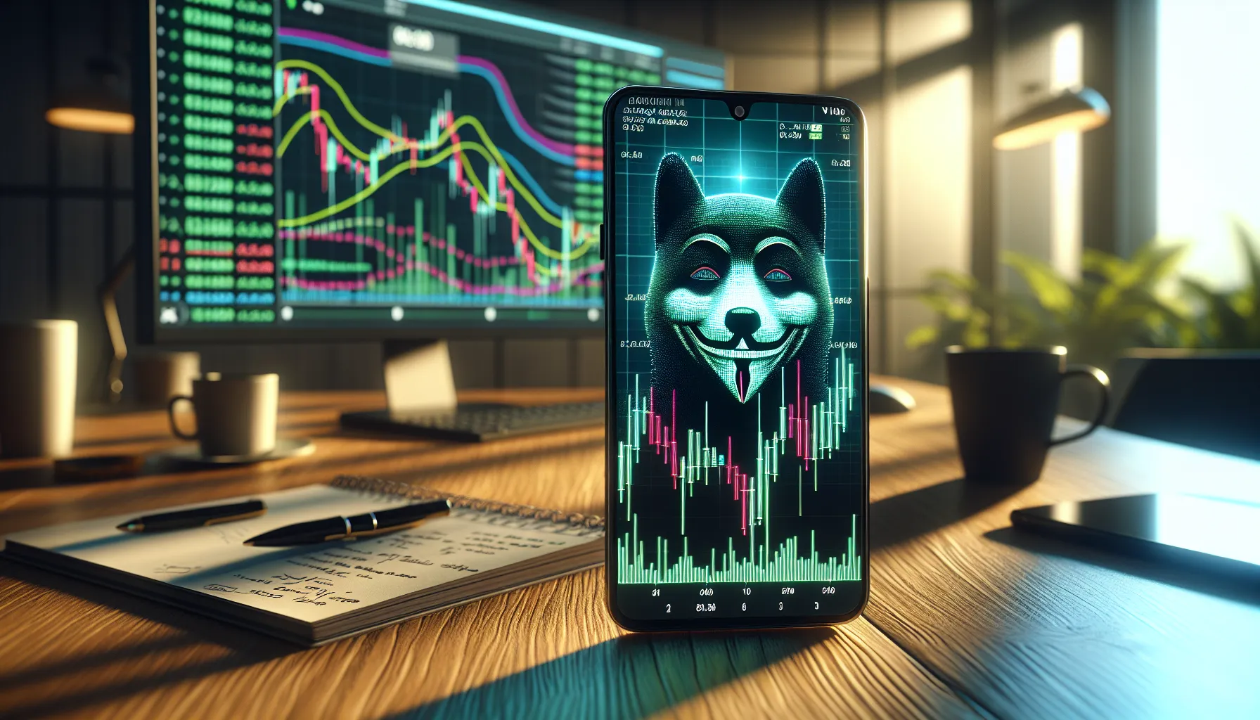 Smartphone displaying Floki Inu cryptocurrency chart on desk in modern home office.
