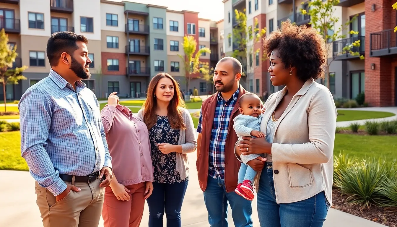 diverse families discussing low-income housing options outside an apartment complex.