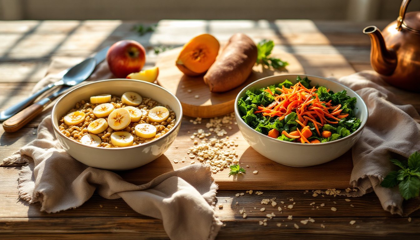 Two bowls comparing soluble and insoluble fiber foods on a sunlit kitchen table.