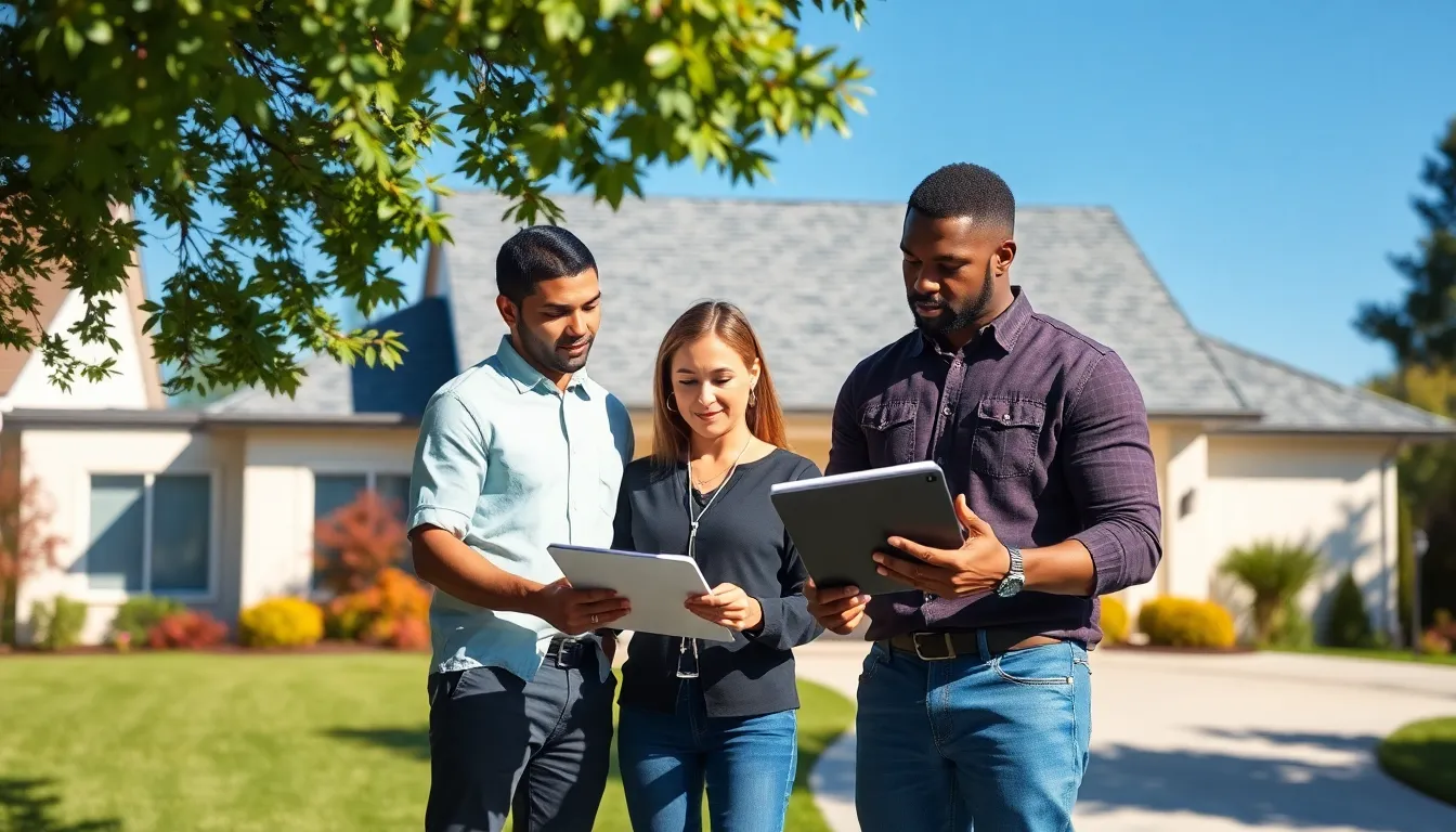 professionals discussing vinyl roofing in front of a modern home.