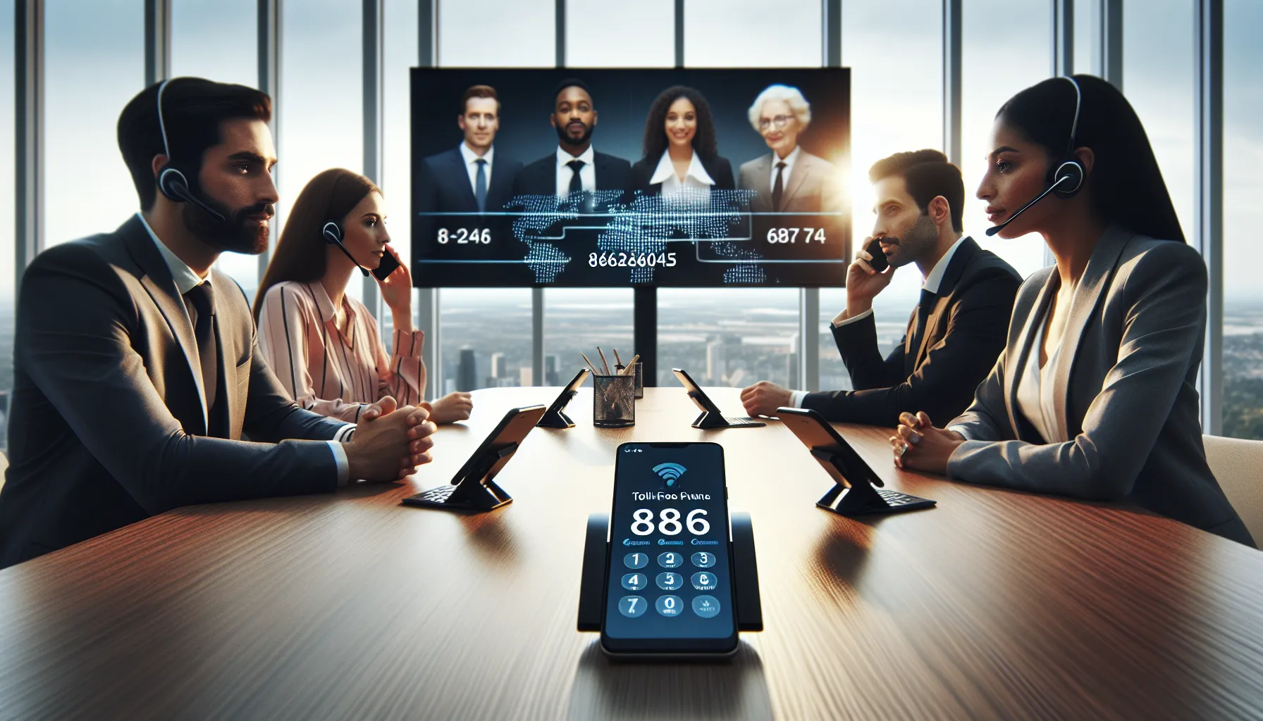 diverse professionals in a conference room discussing a toll-free number.