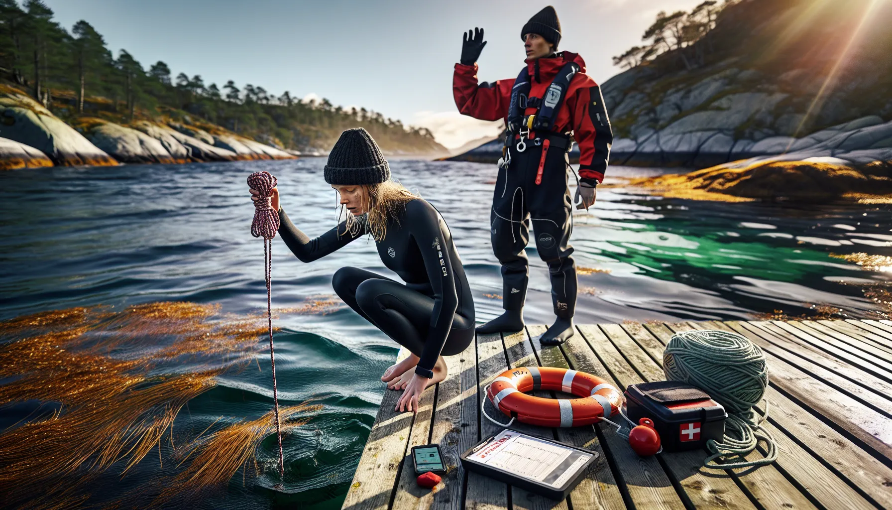 De beste tipsene for å unngå skader i stuping 3 Diver measures depth with rope as spotter waits on a norwegian pier.