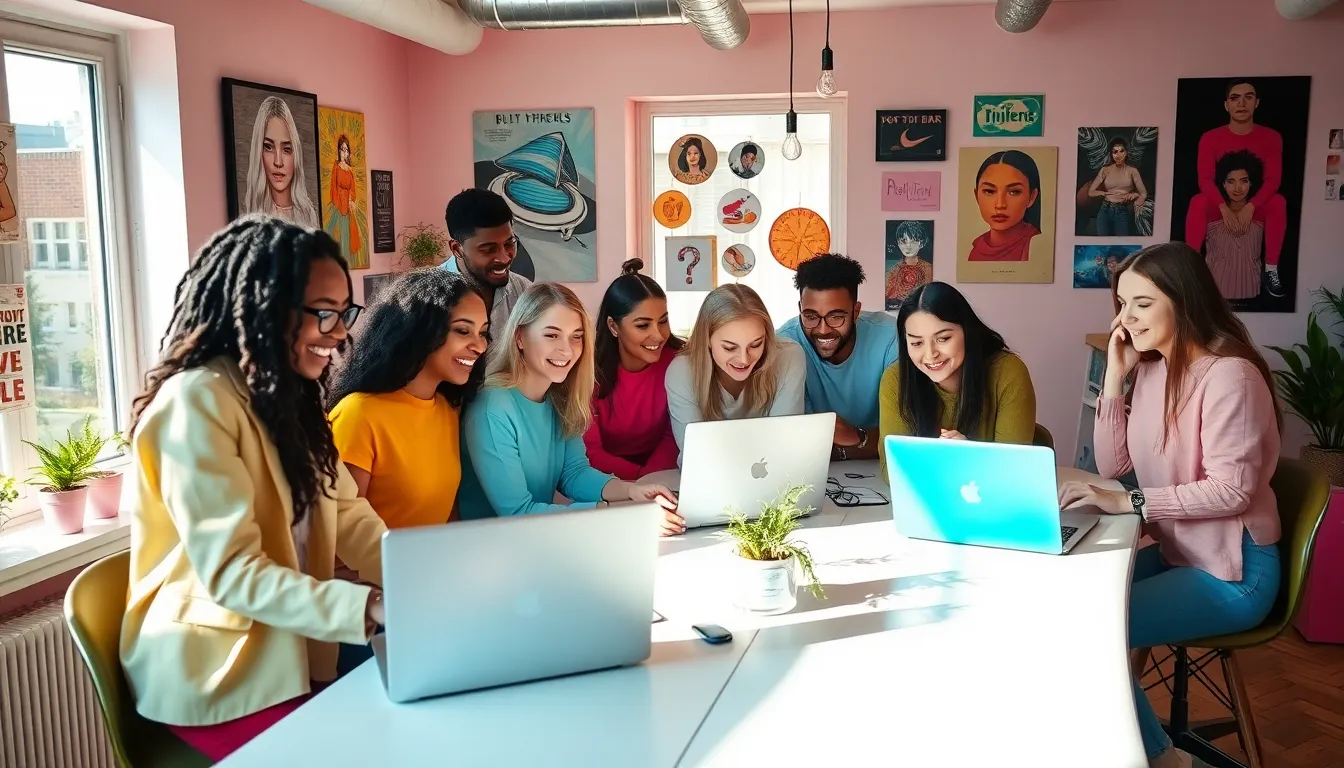 young adults collaborating in an artistic workspace with vibrant decor.