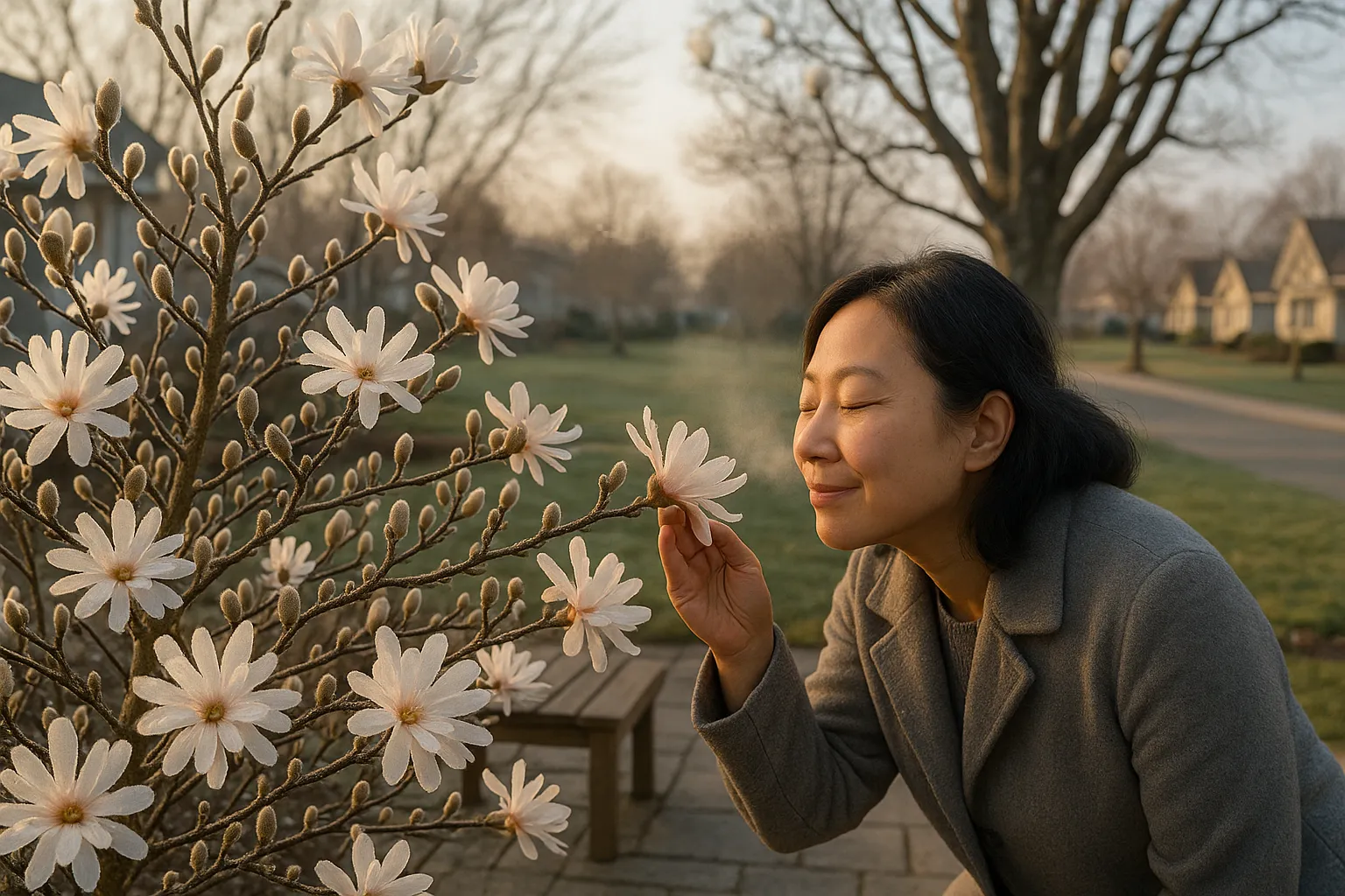 Woman smelling an early-blooming stellata magnolia by a lawn with a larger kobus.