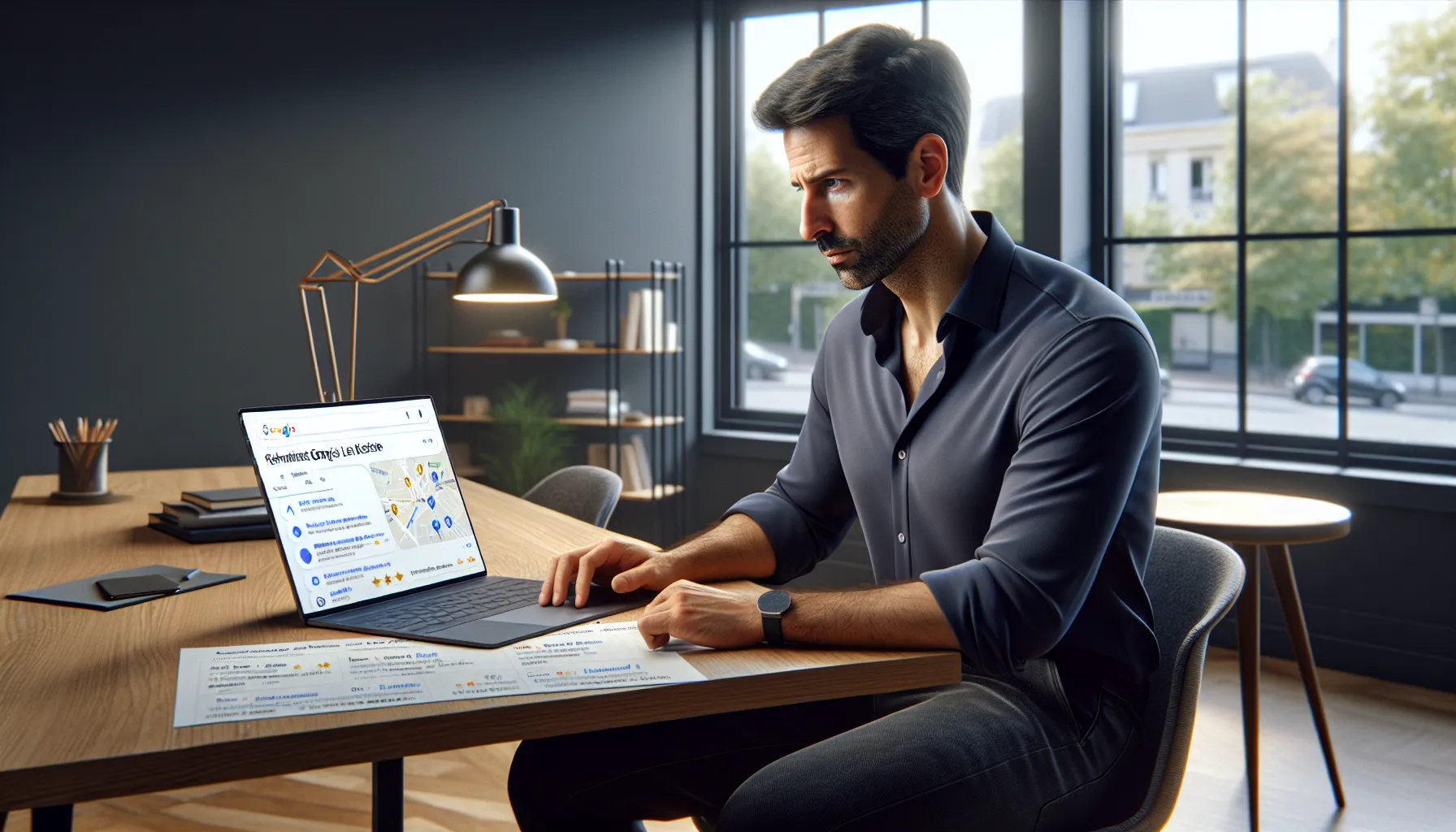 Local business owner in Le Kremlin-Bicêtre analyzing Google search competition on laptop.