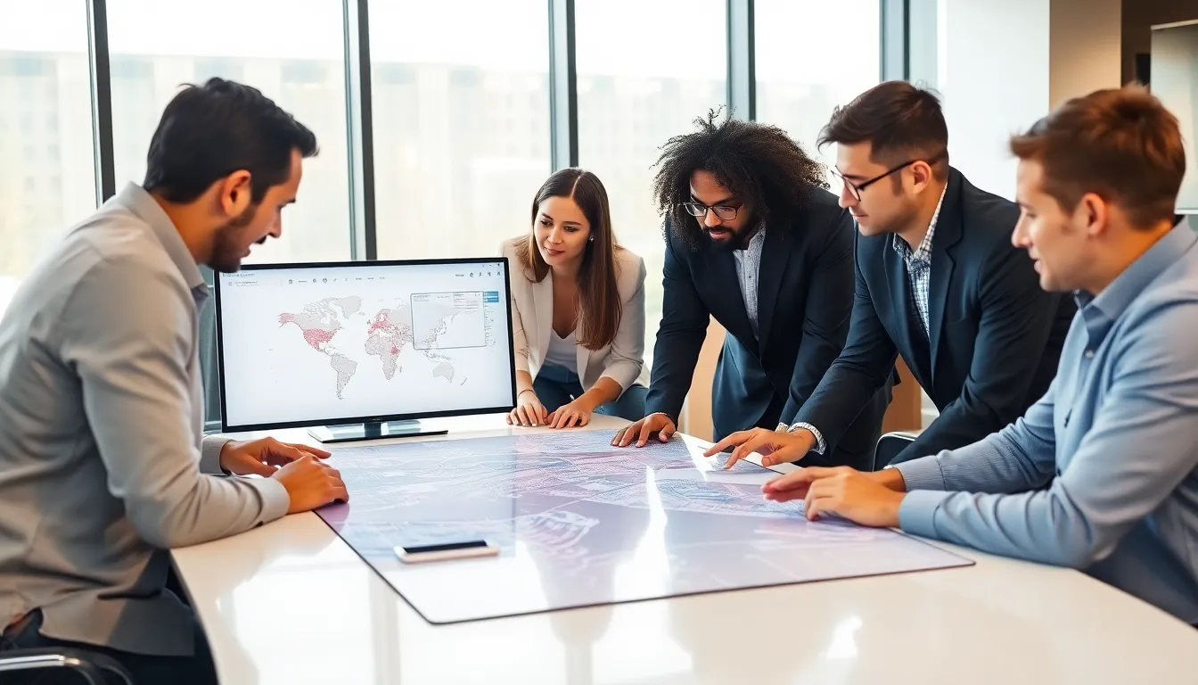 professionals collaborating with digital maps in a modern office setting.