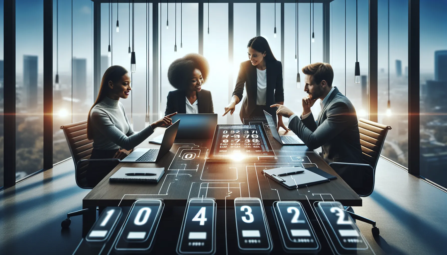 diverse team discussing phone number verification in a modern office.