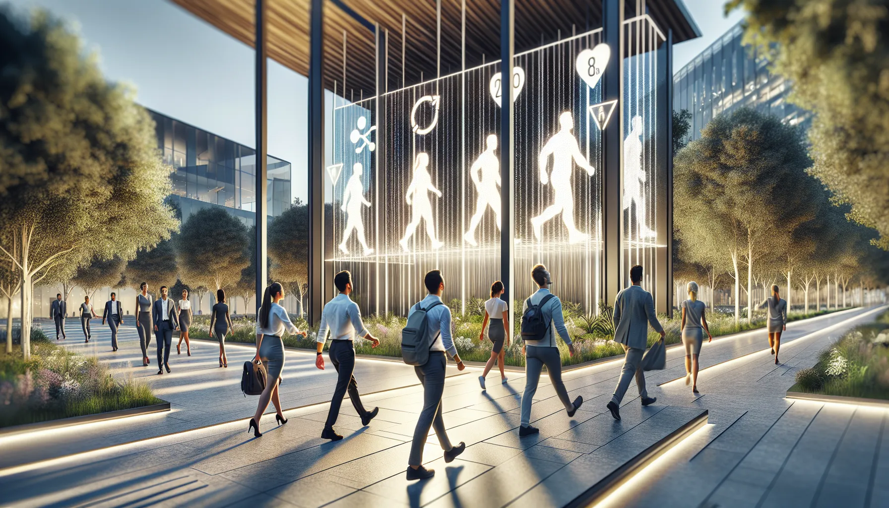 Young adults walking in a city park with digital calorie graphics.