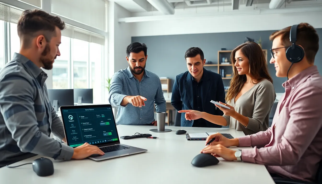 professionals customizing Glorious Mouse Software at a modern workspace.