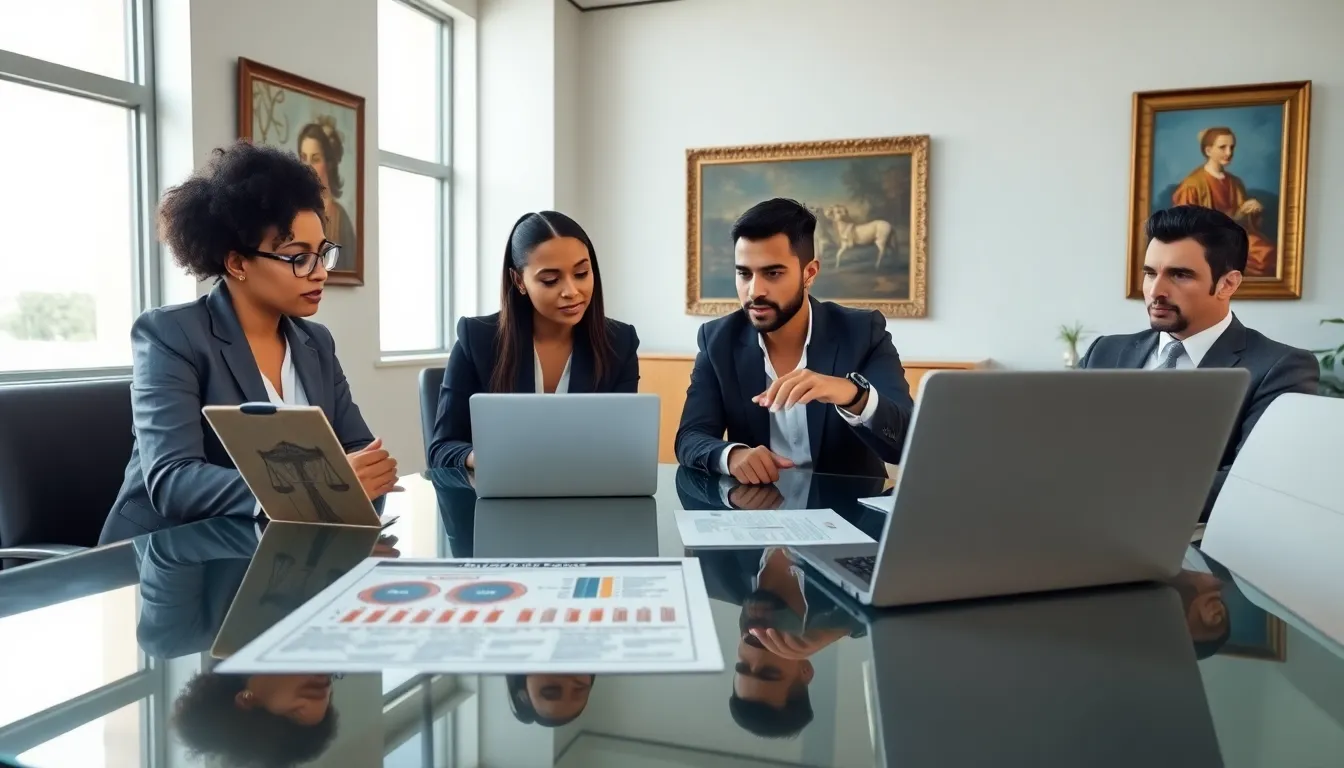 diverse team discussing art law cases in a modern office.
