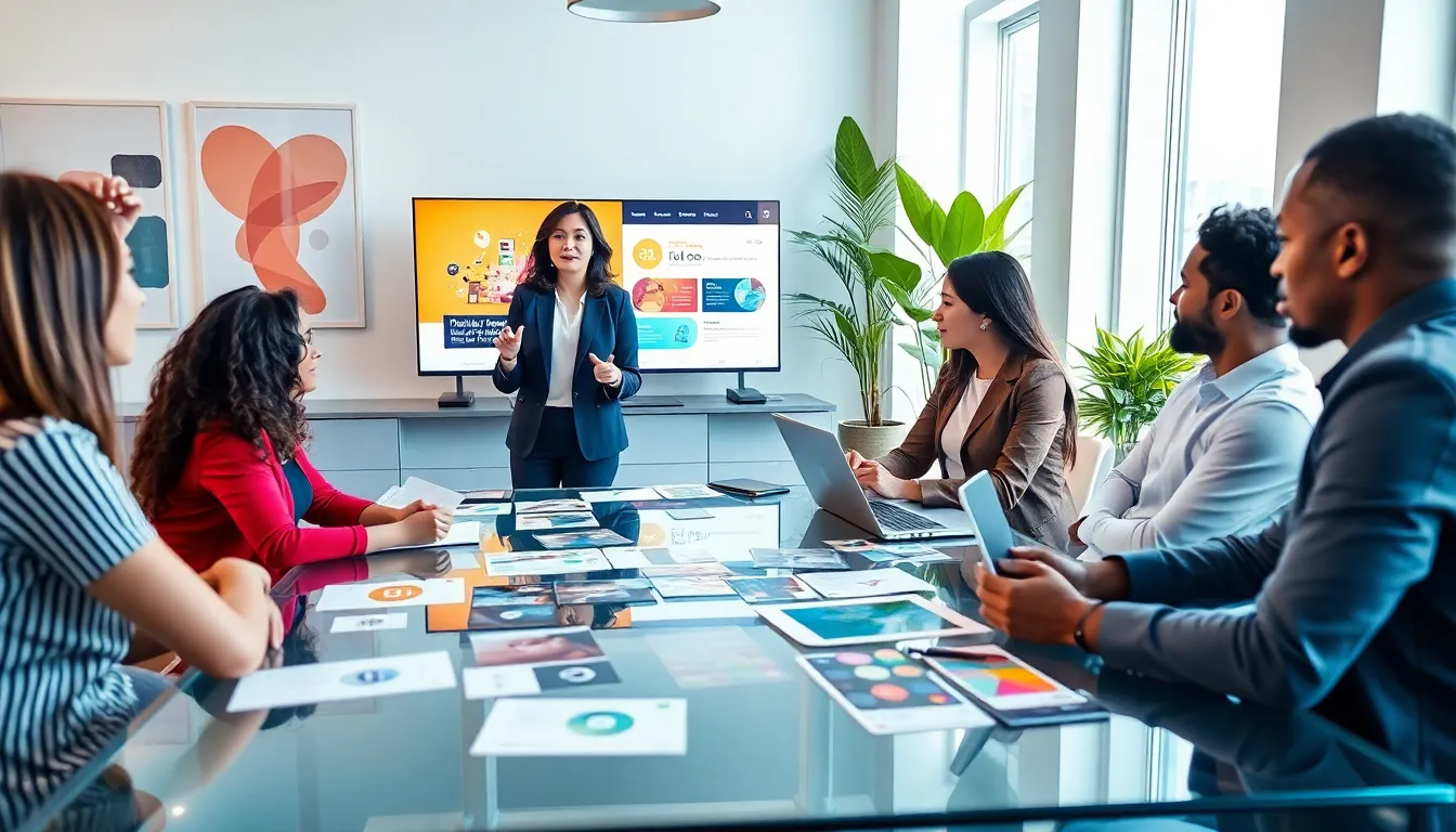 diverse professionals collaborating on branding strategies in a modern office.