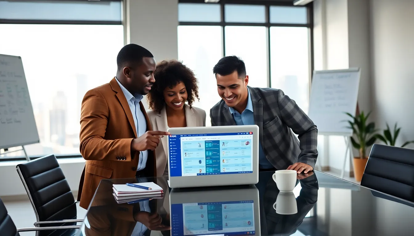 two professionals collaborating on Yahoo Fantasy Football strategy at a modern desk.