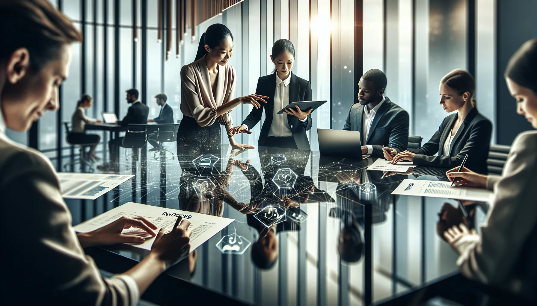 diverse professionals discussing telecommunications and data analysis in a modern office.