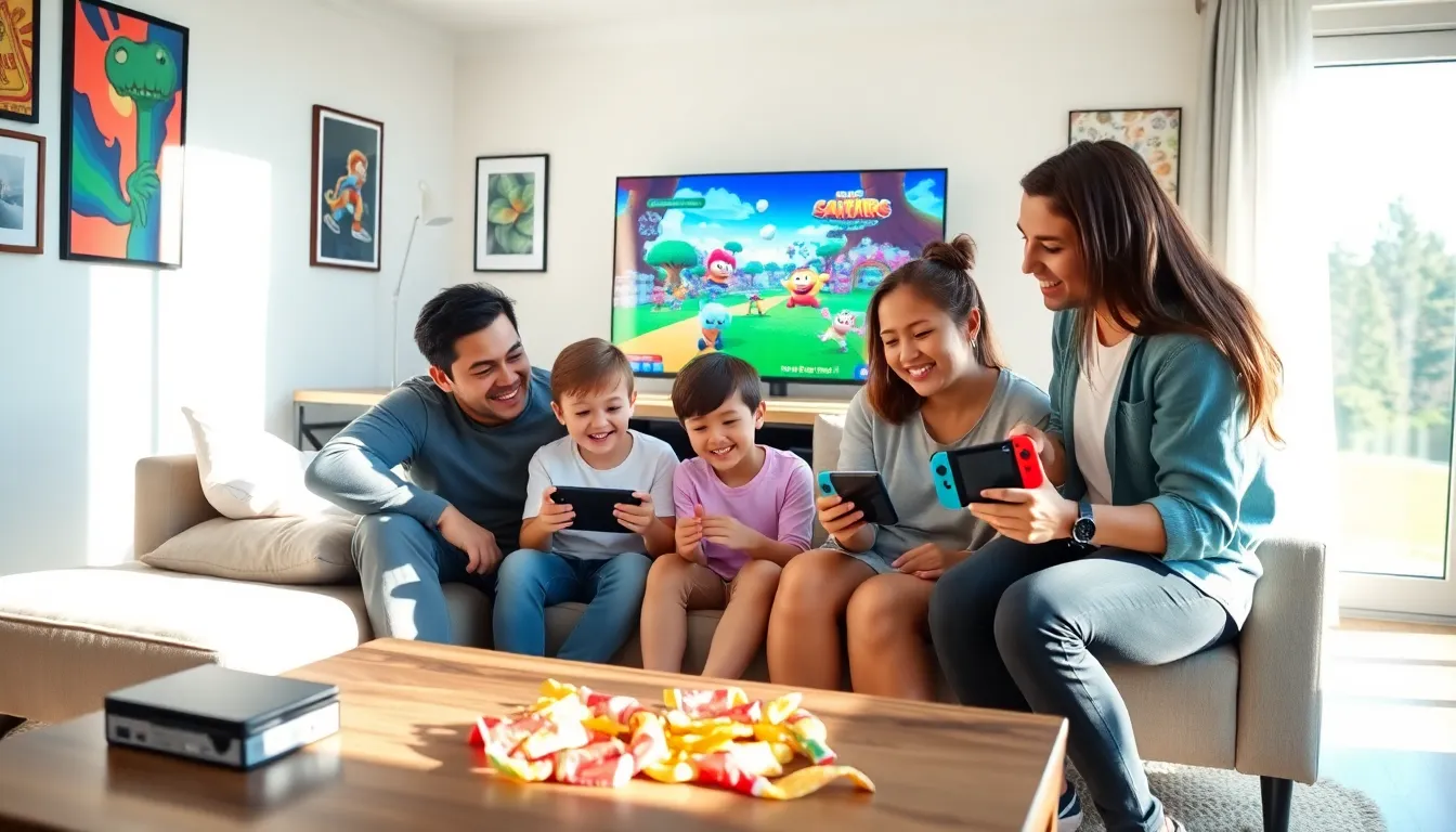 family happily playing Nintendo Switch game in a cozy living room.