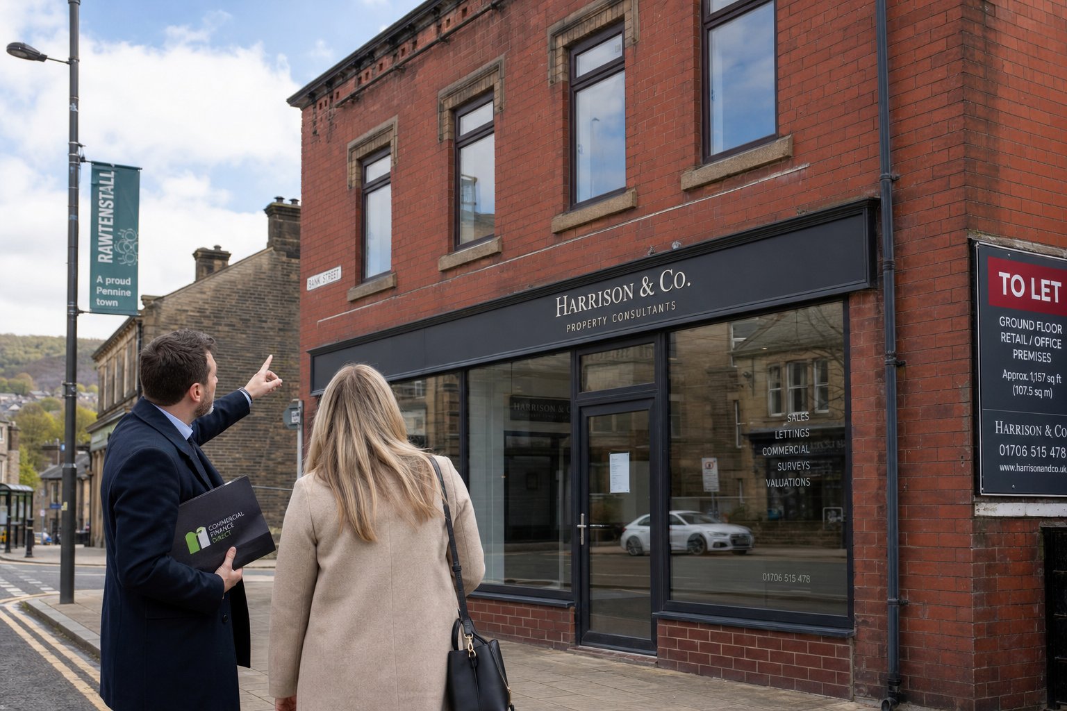 Commercial mortgage broker and client viewing a red-brick business property in Rawtenstall.