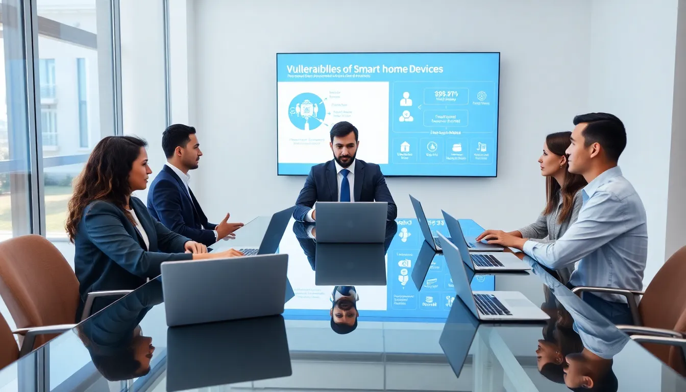 professionals discussing smart home security in a modern conference room.