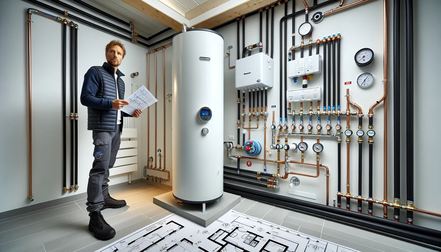 Installer reviews tidy, insulated norwegian home technical room with zoned radiant manifold.