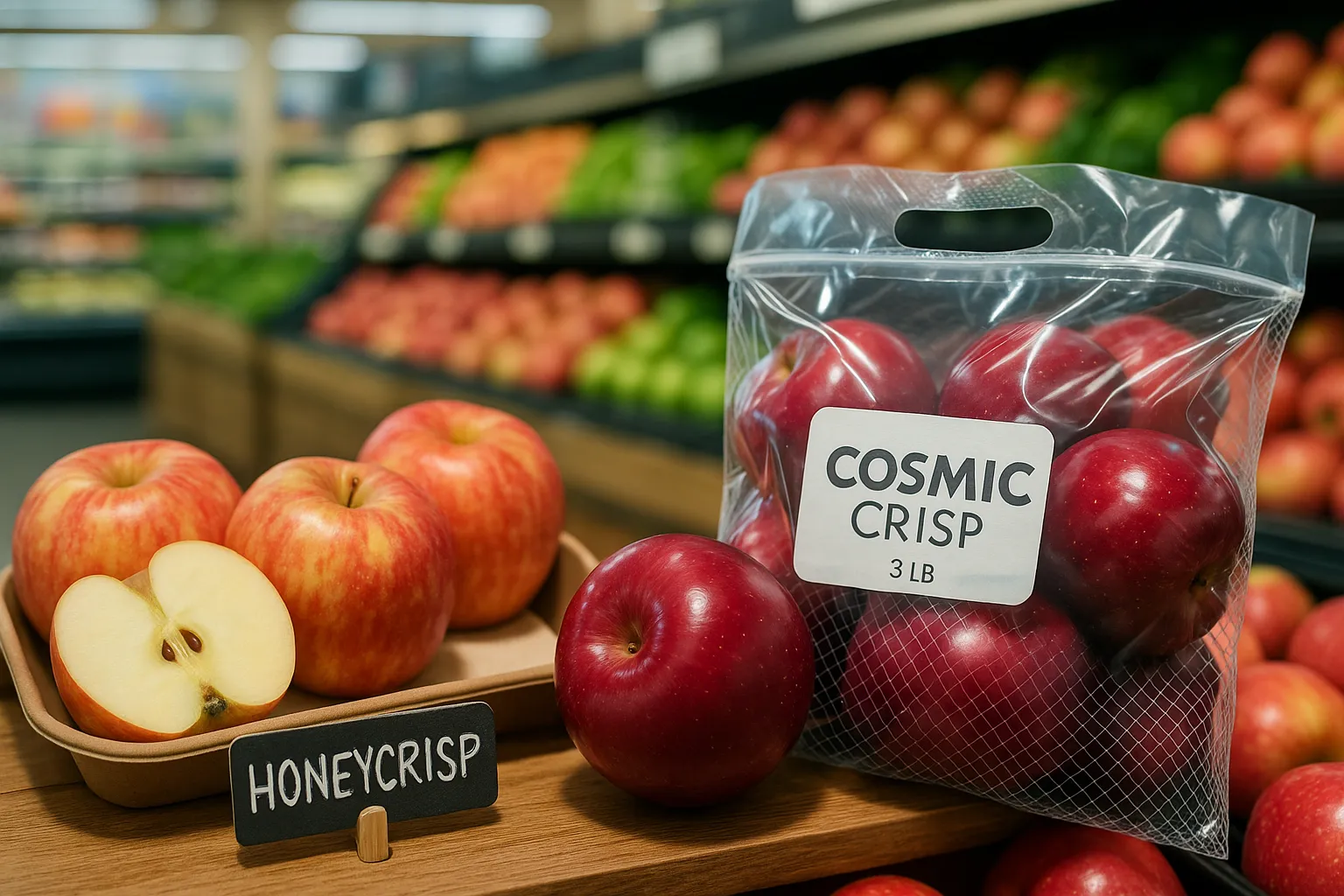 Bagged Cosmic Crisp apple beside a tray of mottled Honeycrisp apples.