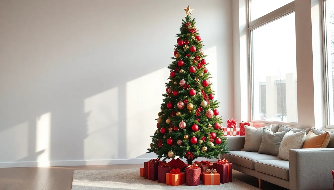 elegantly decorated red Christmas tree in a modern living room.