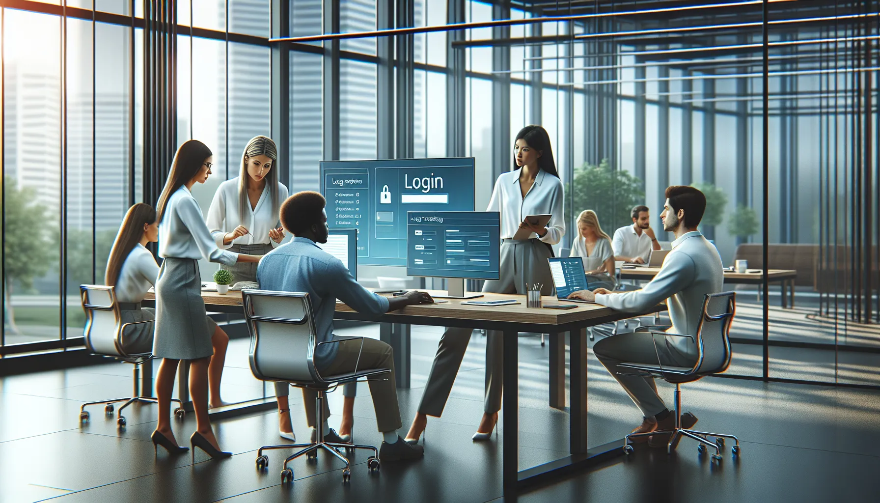 professionals troubleshooting login issues in a modern office.