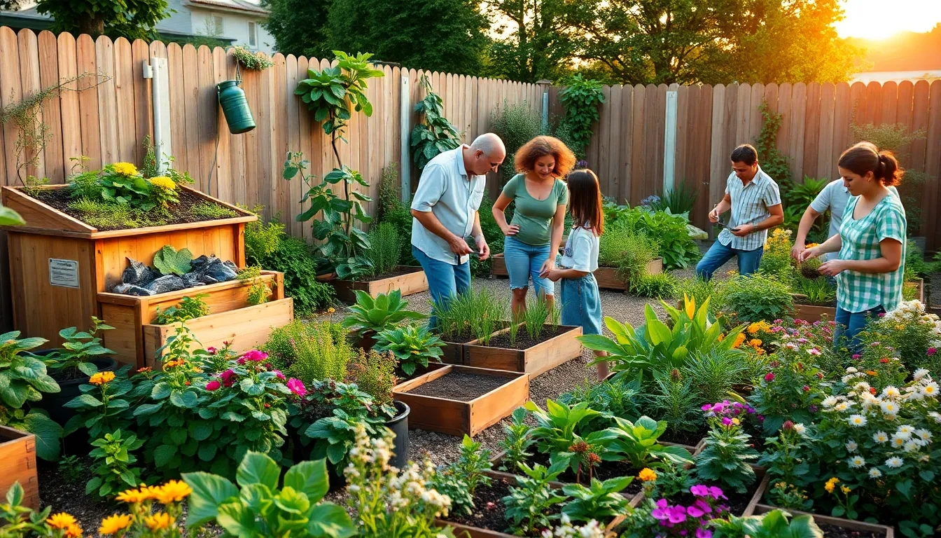 diverse group gardening in a lush sustainable backyard.