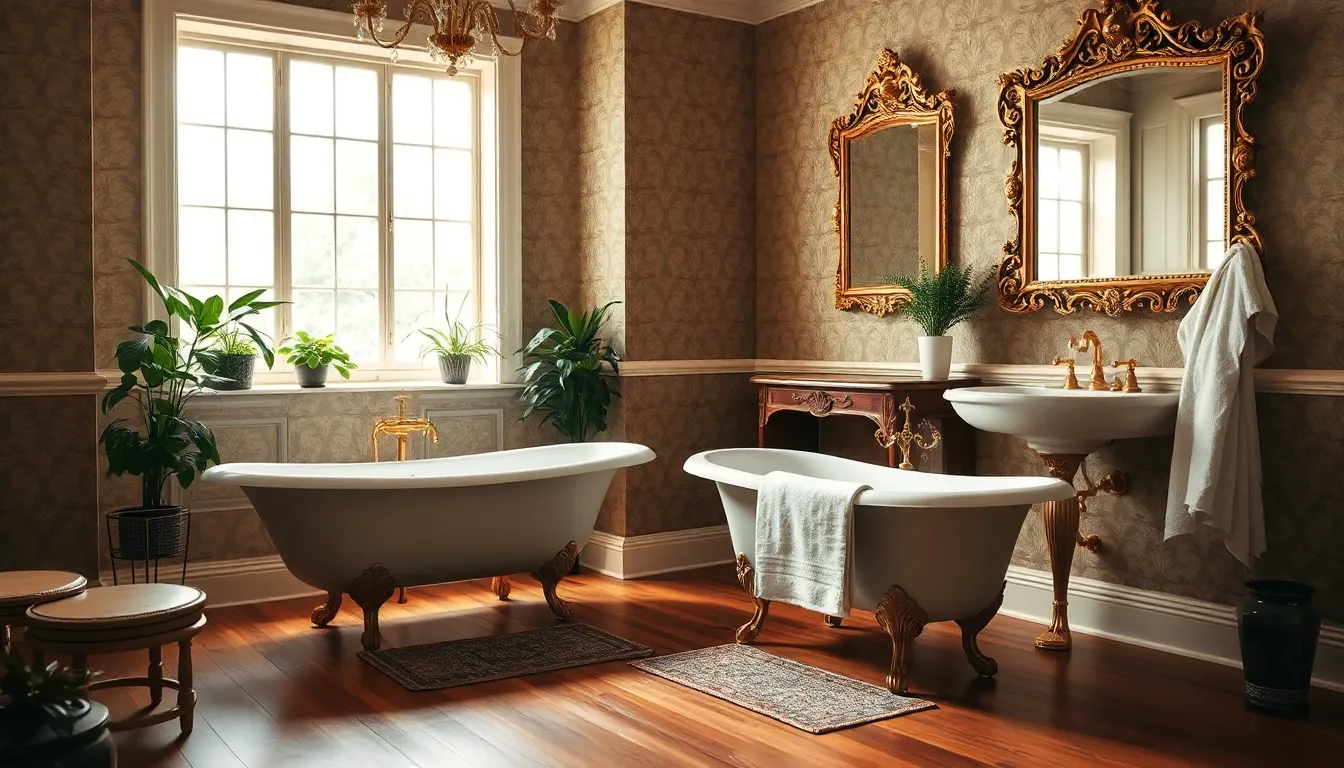 A luxurious Victorian bathroom with a clawfoot tub and elegant decor.