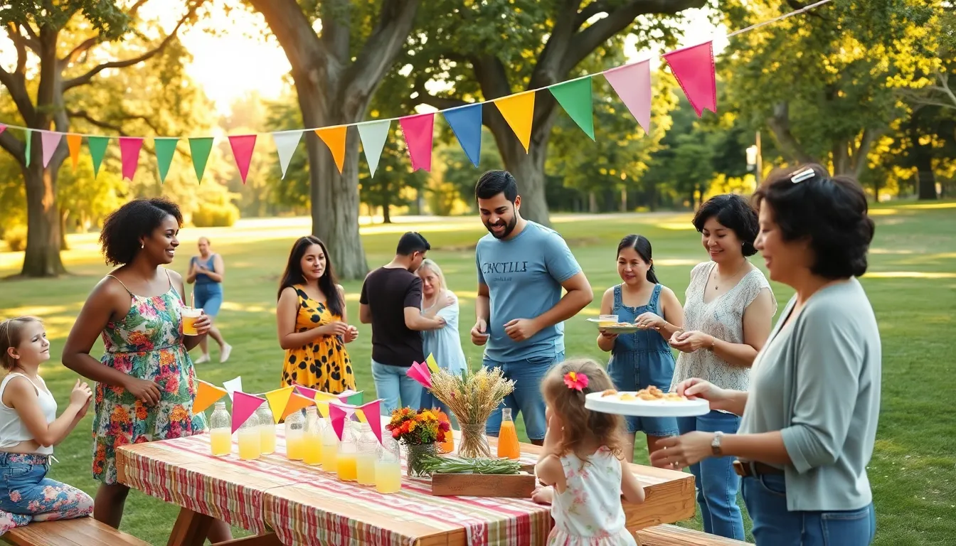 A diverse group at a thrifty outdoor event with homemade decorations.