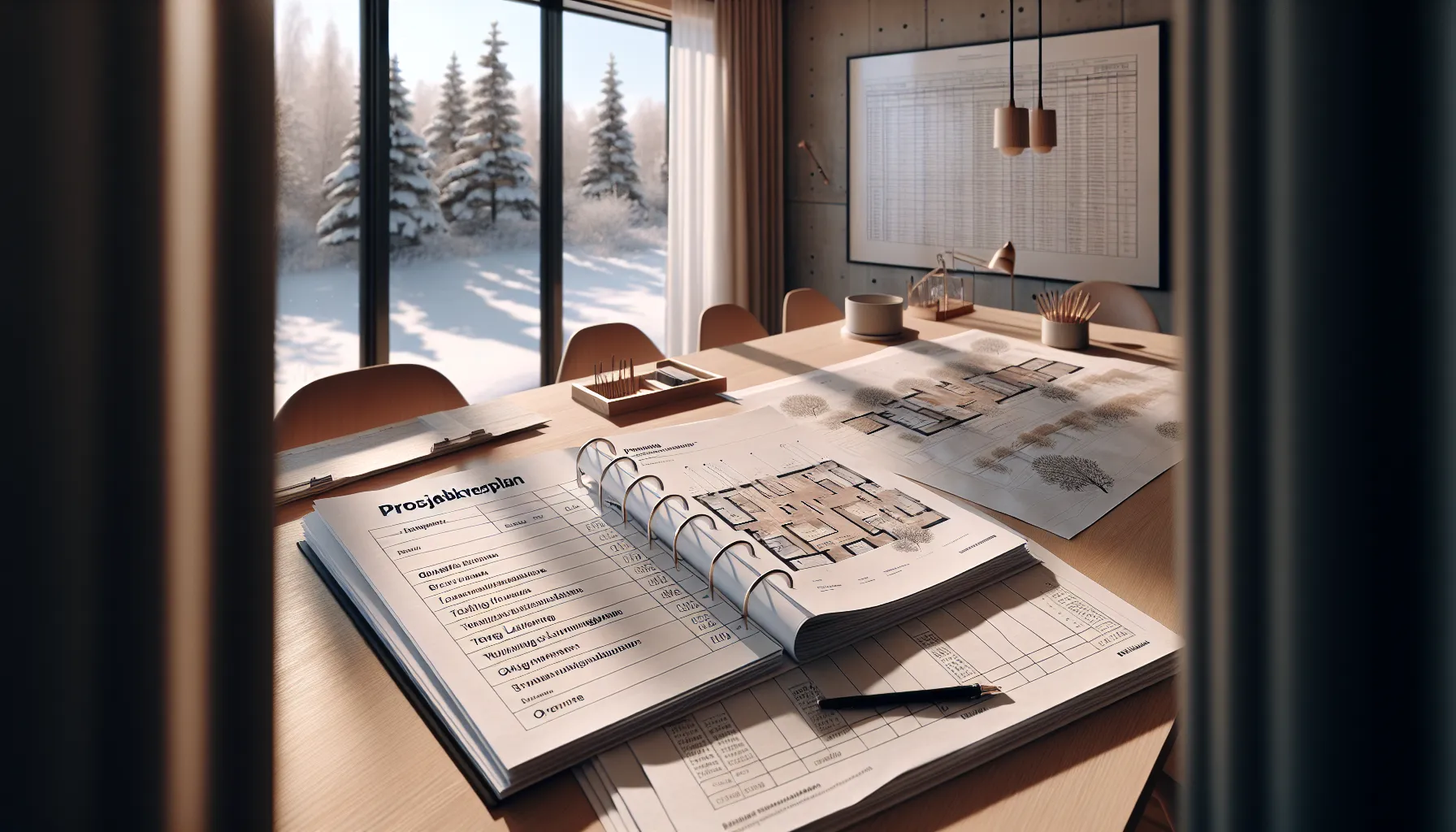 Hands review norwegian project scope, budget, and timeline on a wooden table.