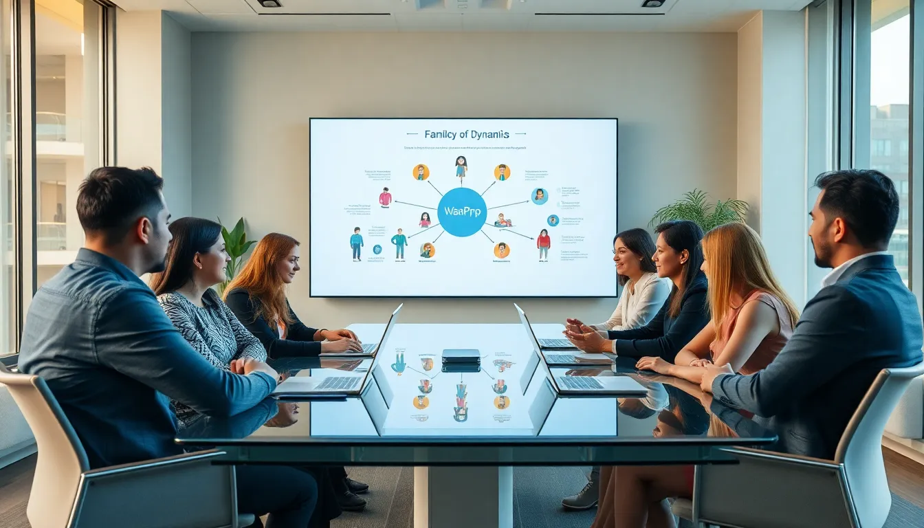 diverse team discussing familial concepts in a modern office.
