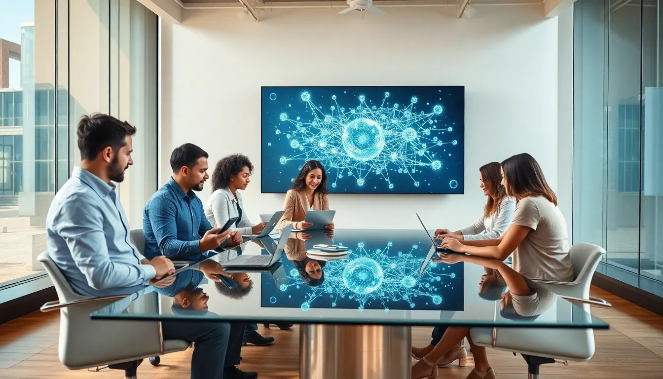 diverse professionals collaborating in a modern office on technology solutions.