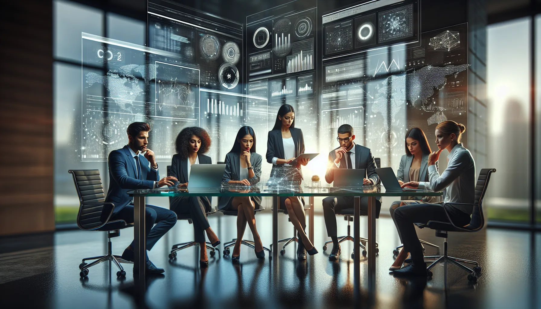diverse team discussing data in a modern office.
