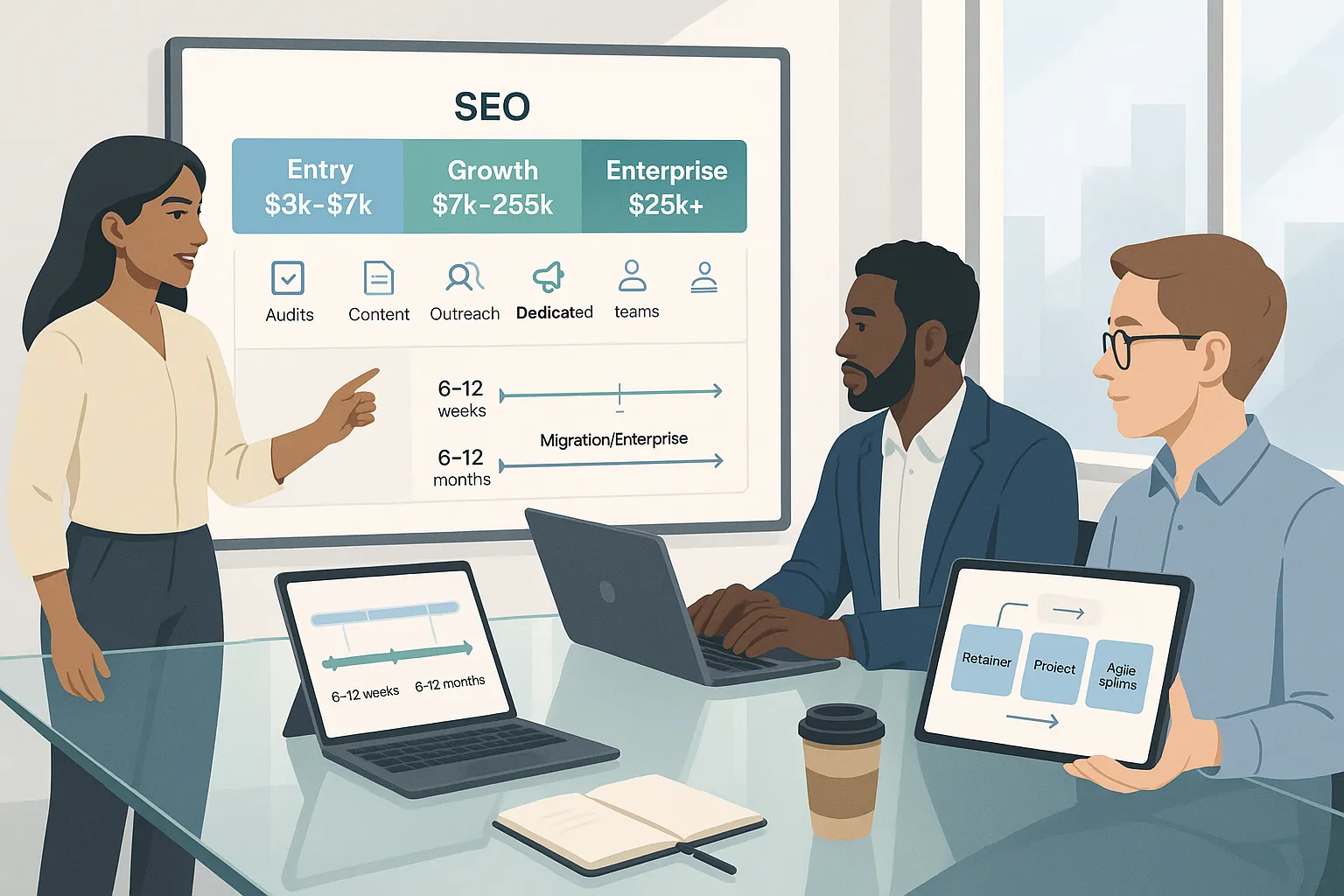 Diverse team reviewing SEO pricing bands, contract types, and ROI timelines.