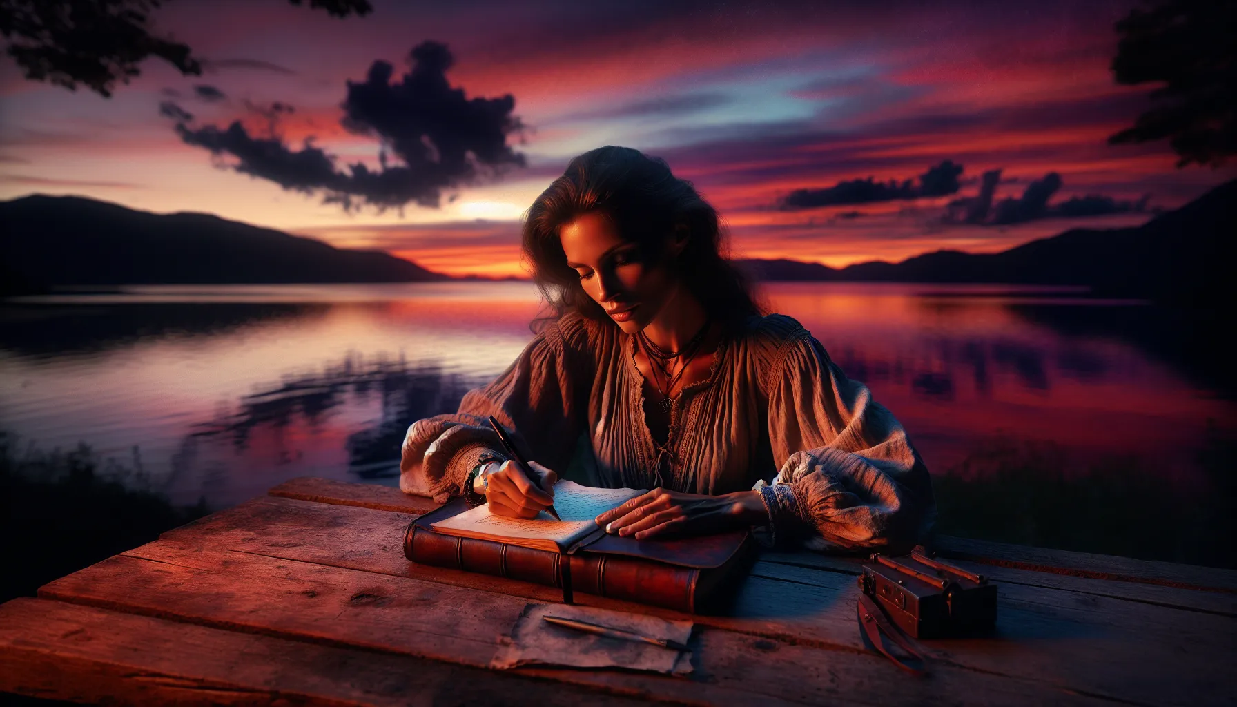 A writer at a lakeside during sunset, embracing creative inspiration.