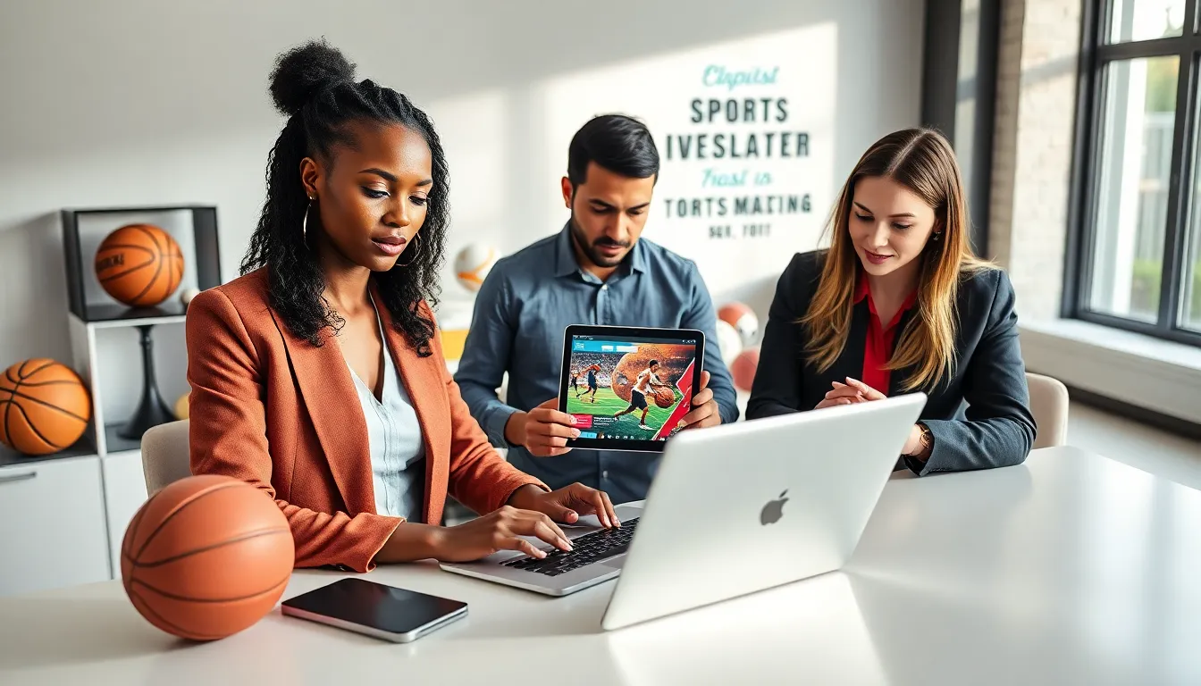 professionals collaborating on a sports newsletter in a modern office.