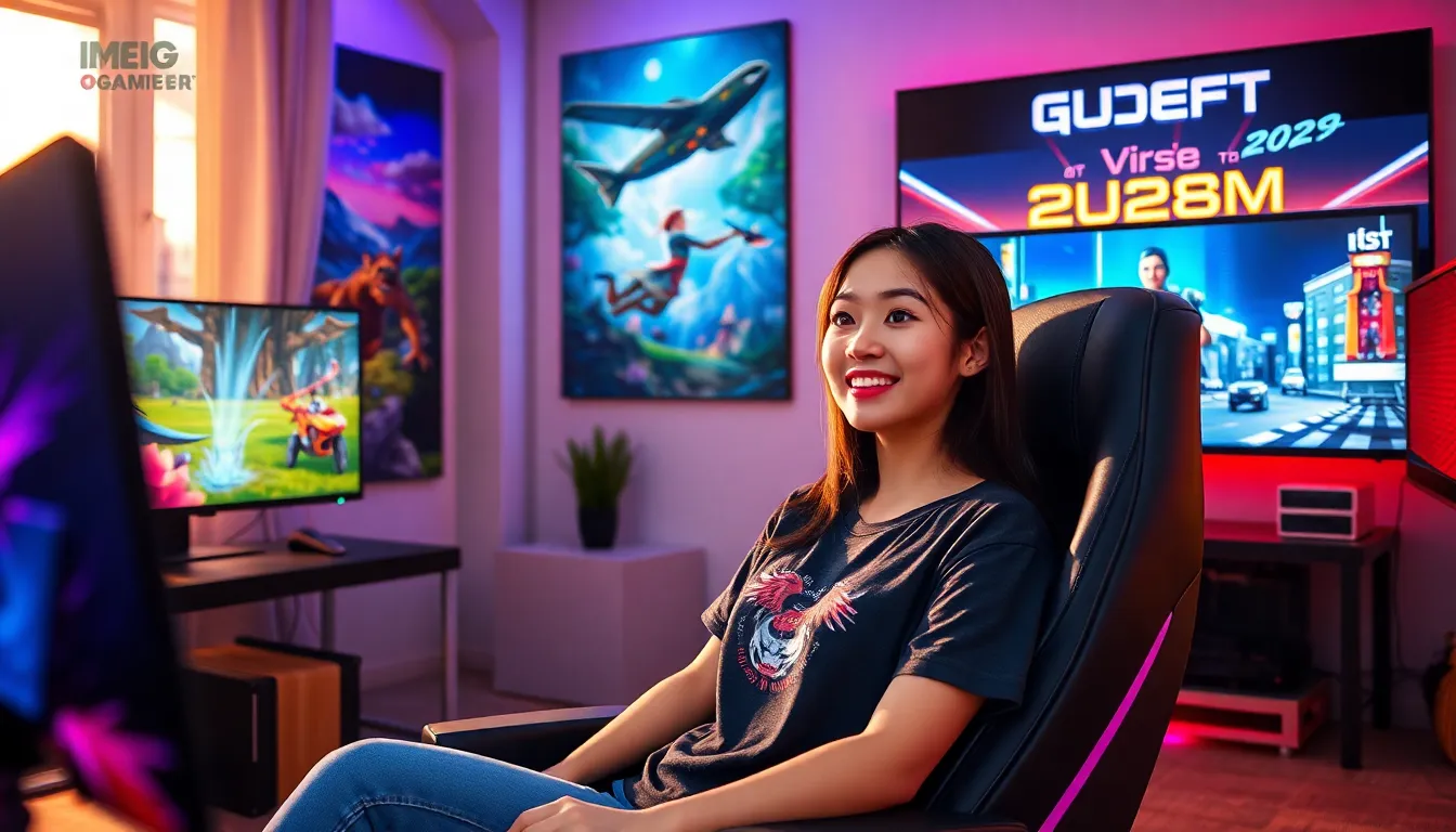 a young woman gaming in a room decorated with fantasy and sci-fi game posters.