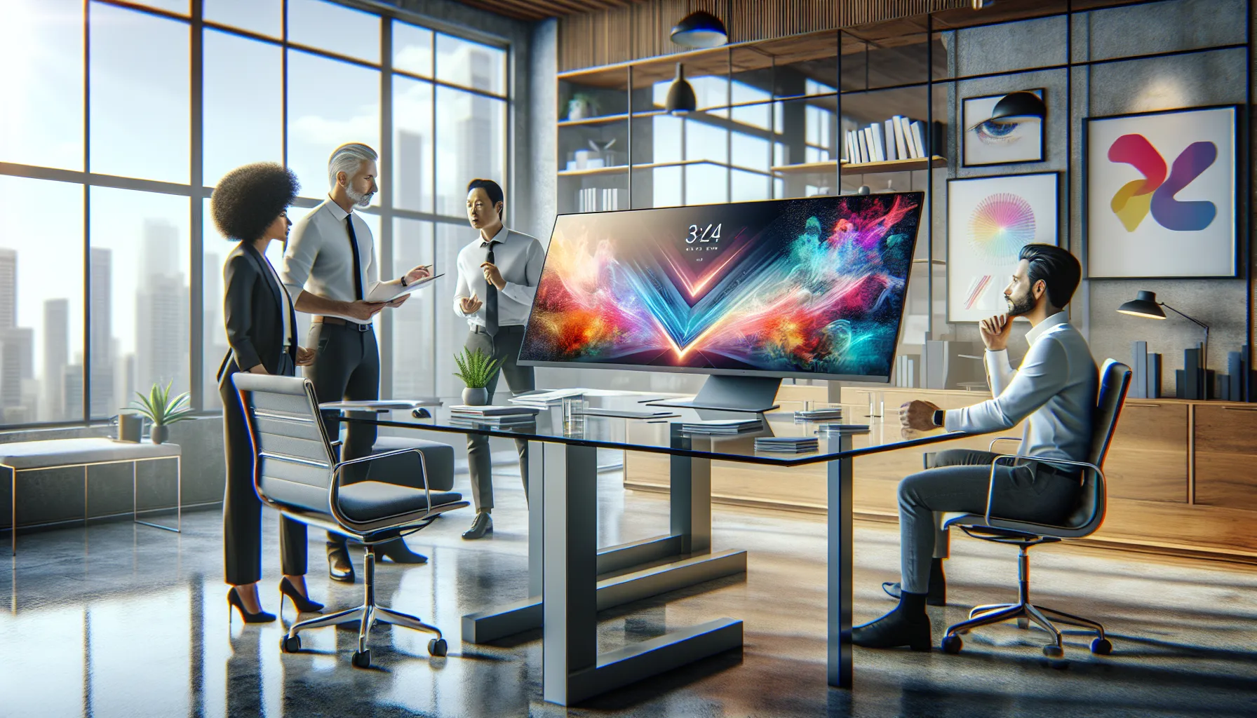 professionals discussing around a vibrant FHD IPS monitor in an office.