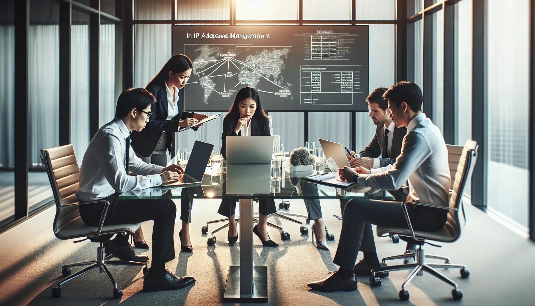IT professionals discussing network issues at a conference table.