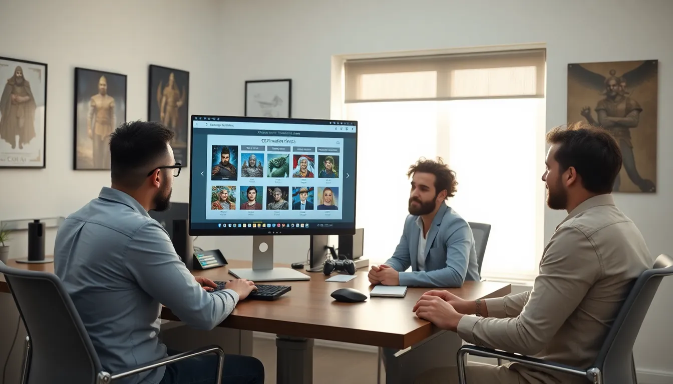 diverse team at a workspace discussing character generation for CK2.