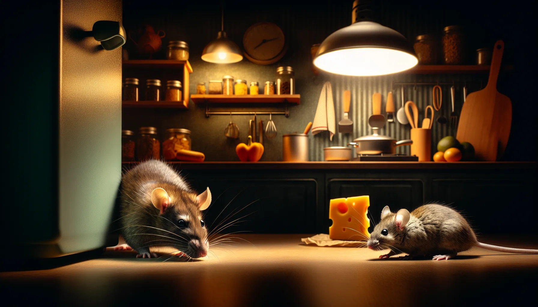 a rat observing cautiously while a mouse explores the kitchen countertop.