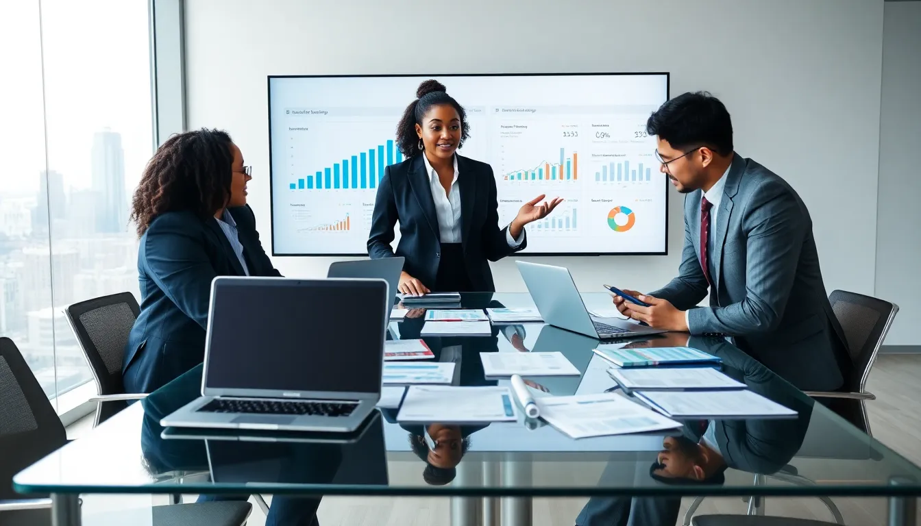 diverse financial consultants collaborating in a modern conference room.