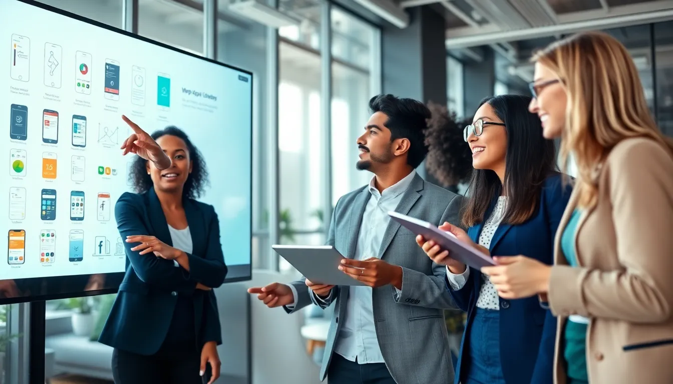 diverse team discussing mobile app ideas in a modern office.