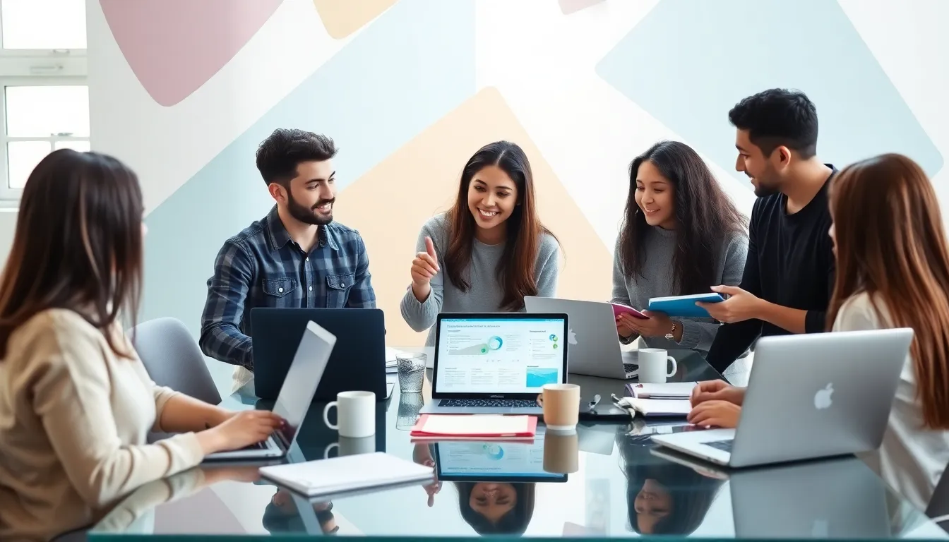 diverse students collaborating on side hustle ideas in a modern workspace.