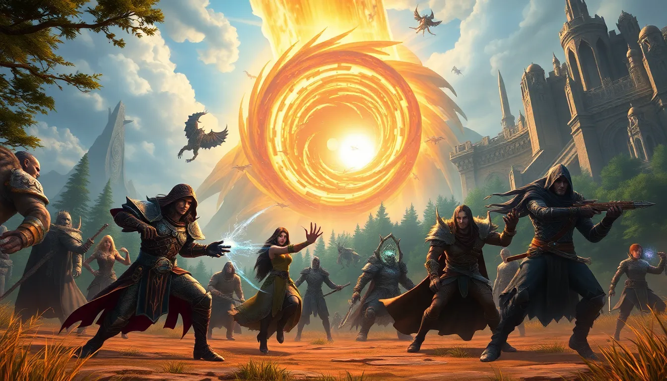 diverse characters battling rift creatures in a vibrant fantasy landscape.
