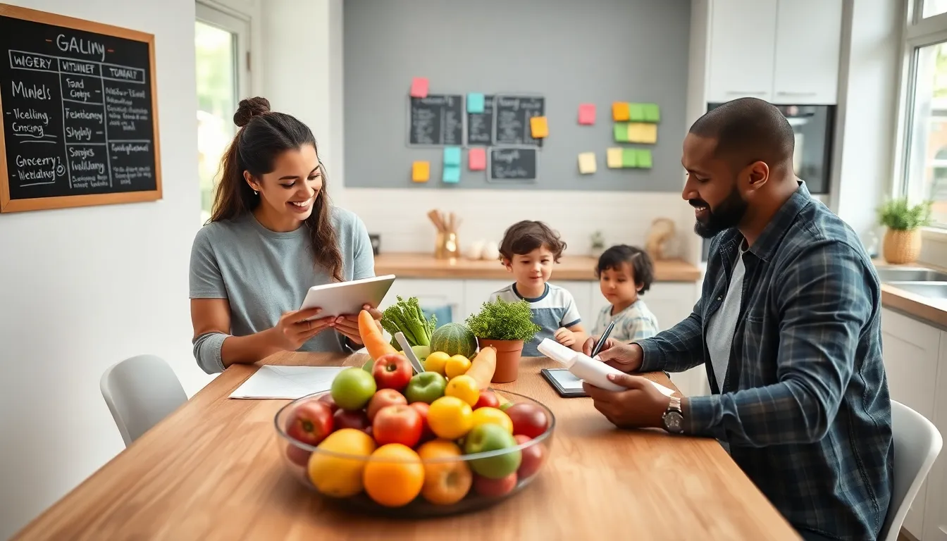 family budgeting for groceries in a modern kitchen.