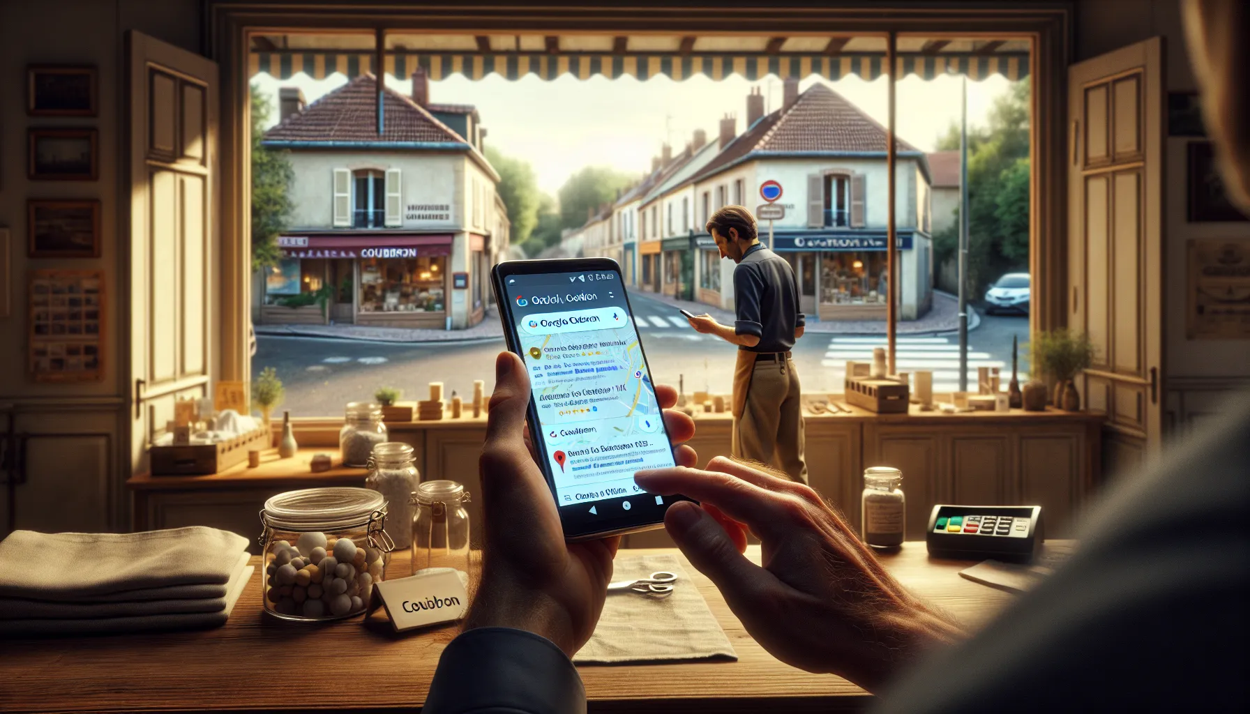 Local business owner in Coubron checking their Google Maps ranking on a smartphone.