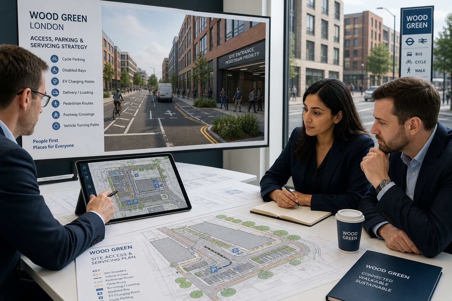 Traffic engineers reviewing parking, servicing, and access plans for an urban site.