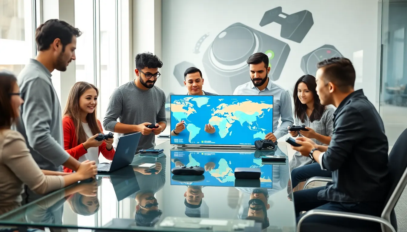 diverse team discussing regional gaming preferences in a modern office.