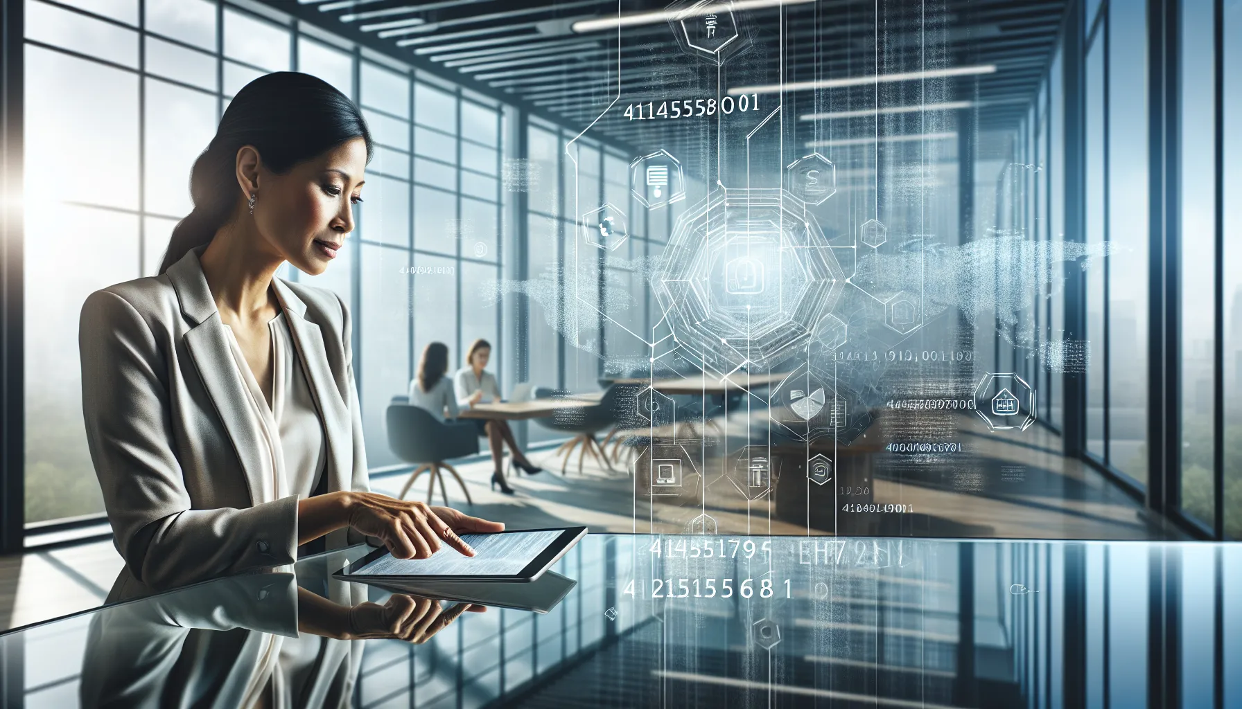 professional discussing digital data in a modern office.