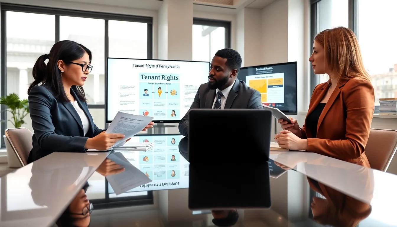diverse professionals discussing tenant rights in a modern office.