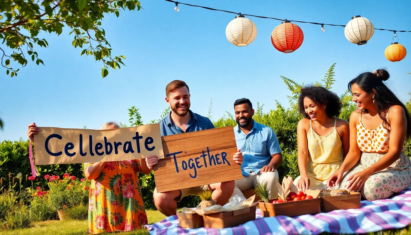 A diverse group celebrating a thrifty event outdoors with DIY decorations.